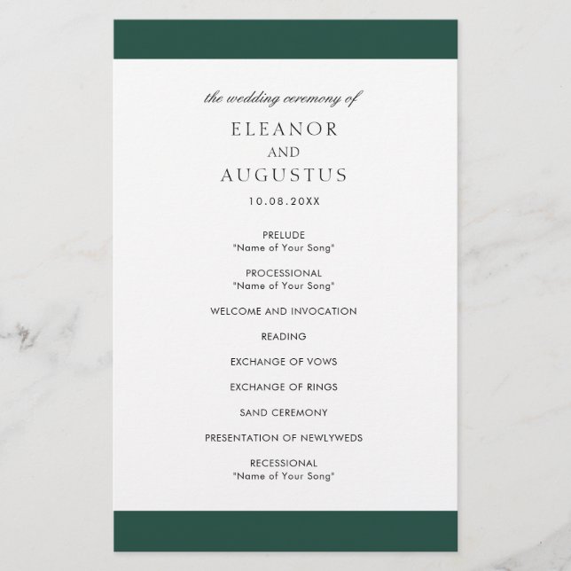 Minimal Emerald Green Budget Wedding Program (Front)