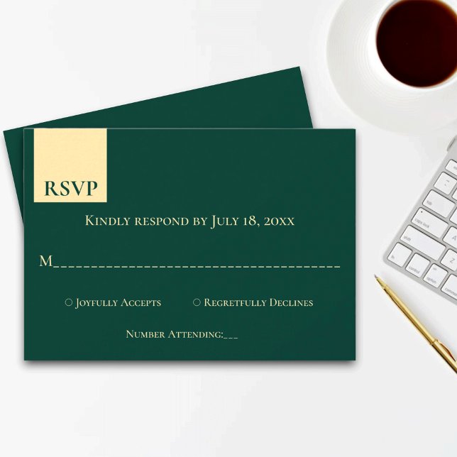 Minimal Emerald Green Gold Classy Elegant Wedding RSVP Card (Creator Uploaded)