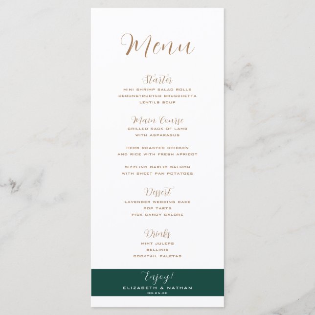 Minimal Emerald Green & Gold Wedding Menu (Front)