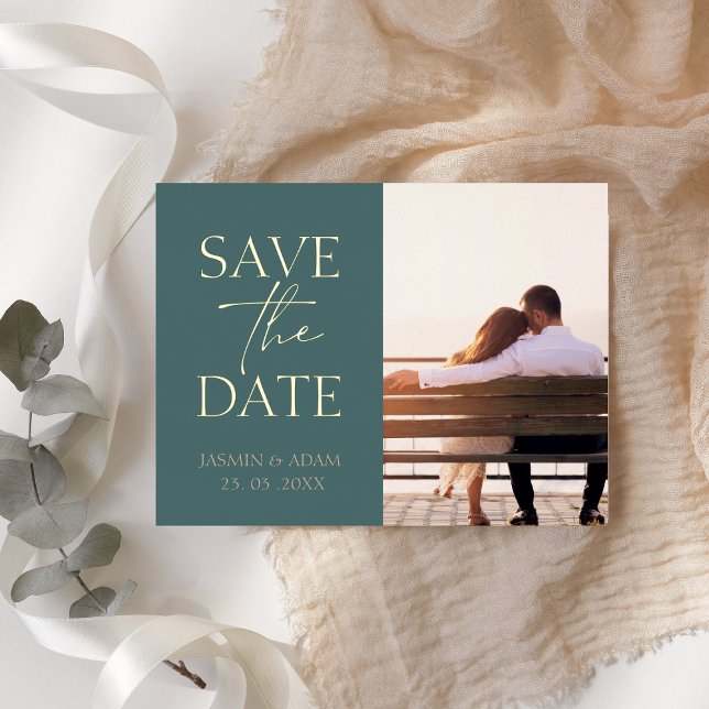 Minimal Emerald Green Photo Wedding Save the Date Foil Holiday Postcard (Creator Uploaded)