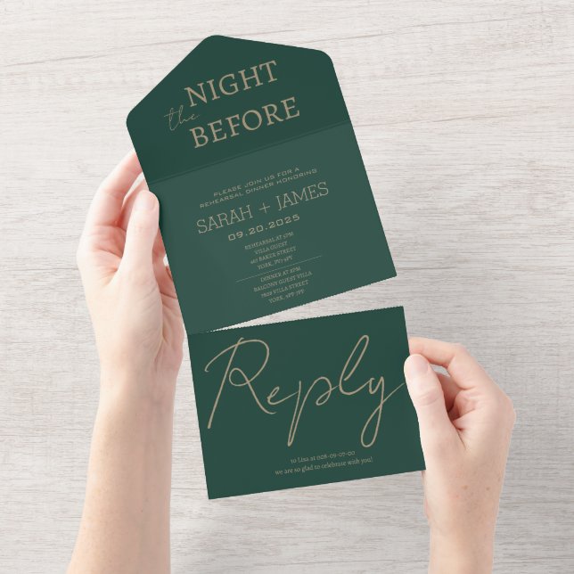 Minimal Emerald Green the Night Before Wedding   All In One Invitation (Tearaway)