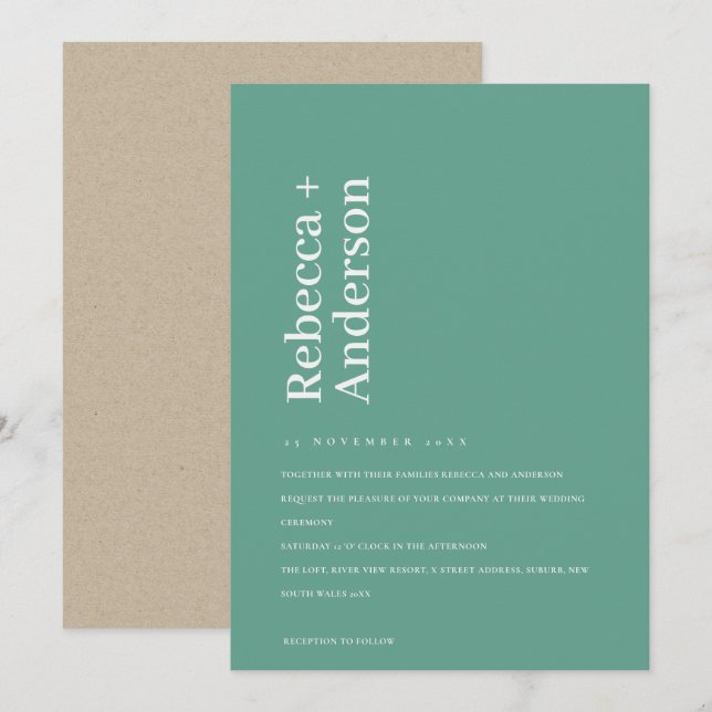 MINIMAL EMERALD GREEN TYPOGRAPHY WEDDING INVITE (Front/Back)
