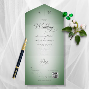 Minimal Emerald Green & White Blur Modern QR Code All In One Invitation