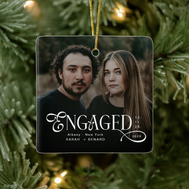 Minimal Engaged Couples 2 Photos Stylish Christmas Ceramic Ornament (Tree)