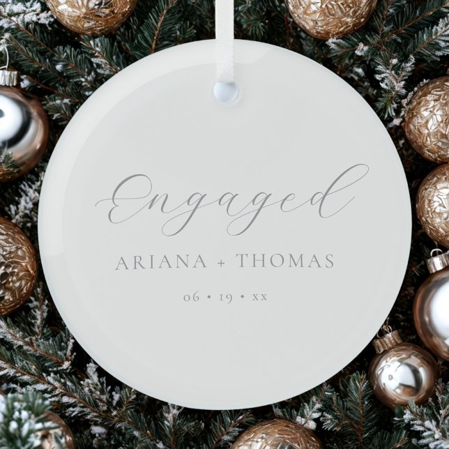 Minimal Engaged Elegant Script Simple Couples Glass Ornament (Creator Uploaded)
