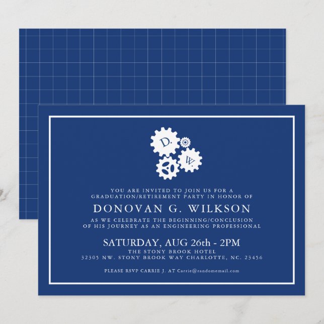 Minimal Engineer Graduation|Retirement Navy Invite (Front/Back)