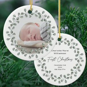 Minimal Eucalyptus Baby First Christmas Photo Ceramic Ornament