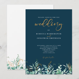 Minimal Eucalyptus Leaf Gold Navy Wedding Invitation