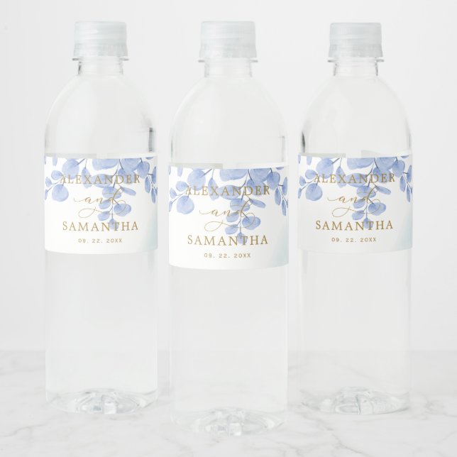 Minimal Eucalyptus Leaves Gold Dusty Blue Wedding Water Bottle Label (Bottles)