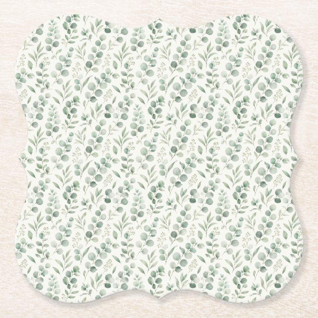Minimal Eucalyptus Leaves Seamless Pattern Paper Coaster (Front)