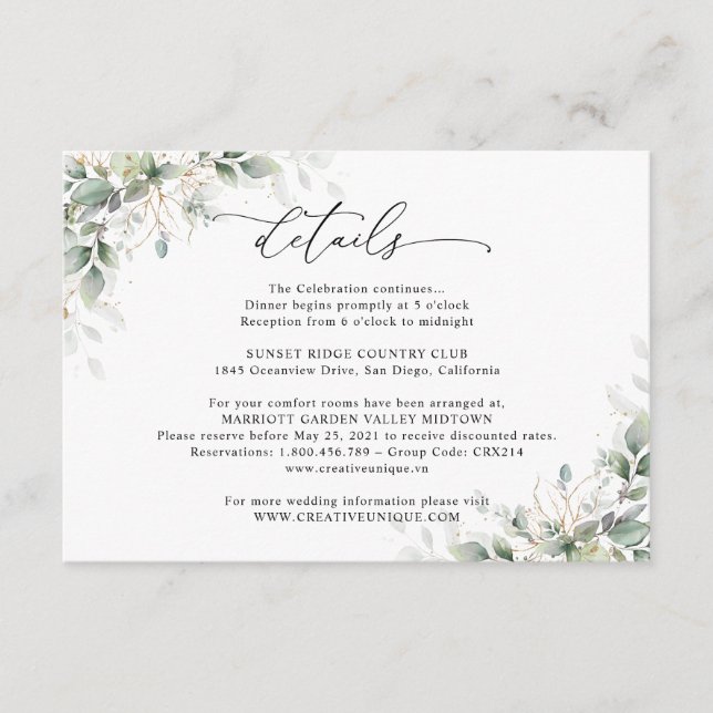 Minimal Eucalyptus Wedding Details Card (Front)