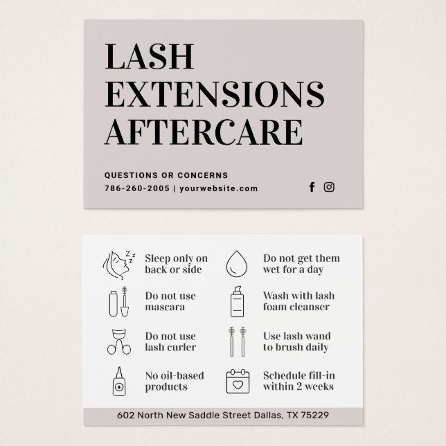 Minimal Eyelash Extensions Lash Aftercare Card (Front & Back)