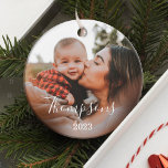 Minimal Family Photo Custom Name Script & Year Ornament<br><div class="desc">Simple,  minimal,  and modern family photo with family name overlay in white script.</div>