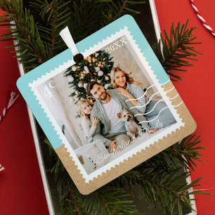 Minimal Family Photos Postage Stamps Personalized Metal Ornament