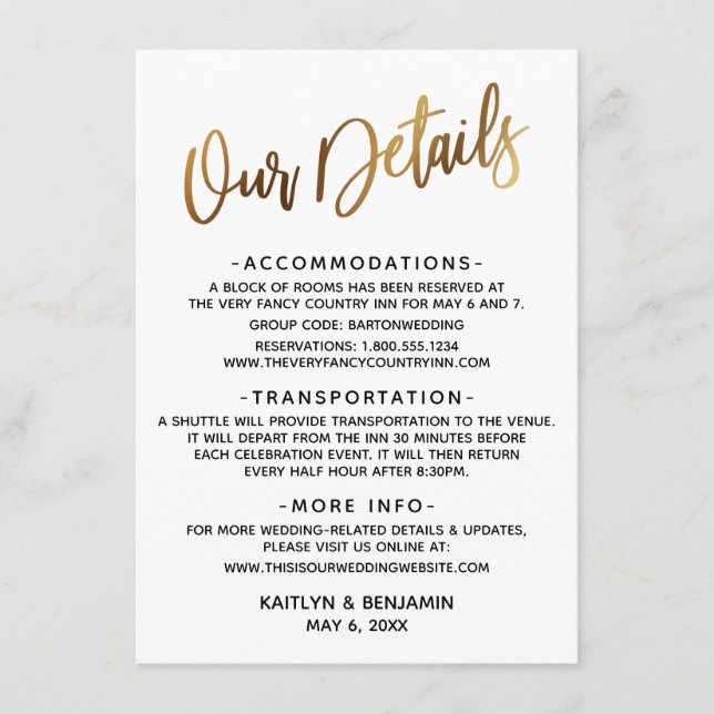 Minimal Faux Gold Typography Our Details Enclosure Card (Front)