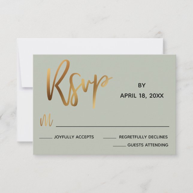 Minimal Faux Gold Typography Sage Green Wedding RSVP Card (Front)