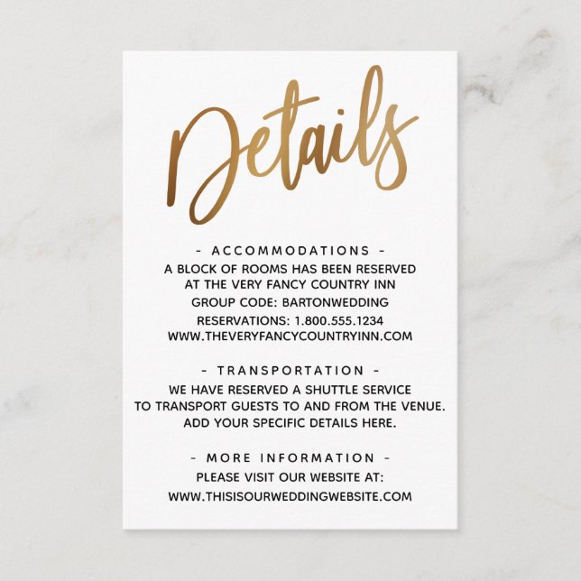 Minimal Faux Gold Typography Wedding Details Enclosure Card (Front)