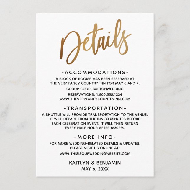 Minimal Faux Gold Typography Wedding Enclosure Card (Front)
