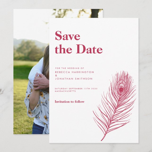  Minimal Feather Magenta Wedding Save The Date Invitation (Front/Back)