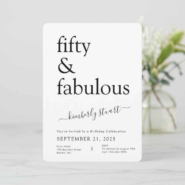 Minimal Fifty and Fabulous 50th Birthday Party  Invitation (Standing Front)