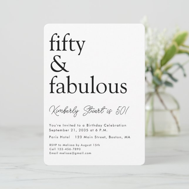 Minimal Fifty and Fabulous 50th Birthday Party  Invitation (Standing Front)