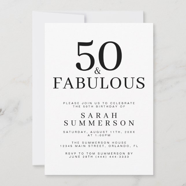 Minimal Fifty and Fabulous 50th Birthday Party Invitation (Front)