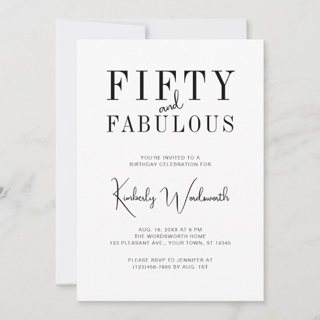 Minimal Fifty and Fabulous 50th Birthday Party Invitation (Front)
