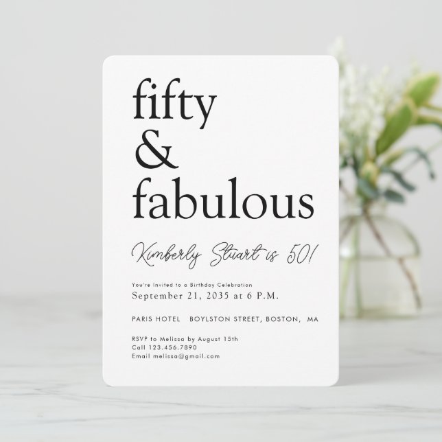 Minimal Fifty and Fabulous 50th Birthday Party  Invitation (Standing Front)