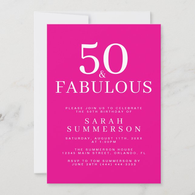 Minimal Fifty Fabulous Pink 50th Birthday Party Invitation (Front)