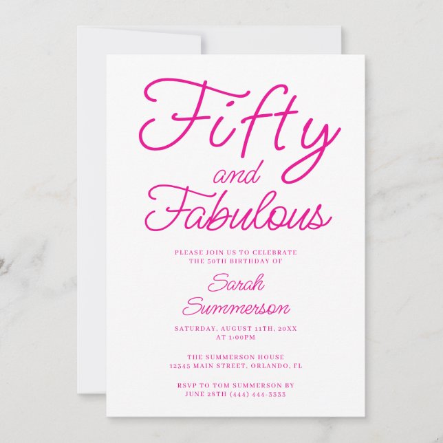 Minimal Fifty Fabulous Pink 50th Birthday Party Invitation (Front)