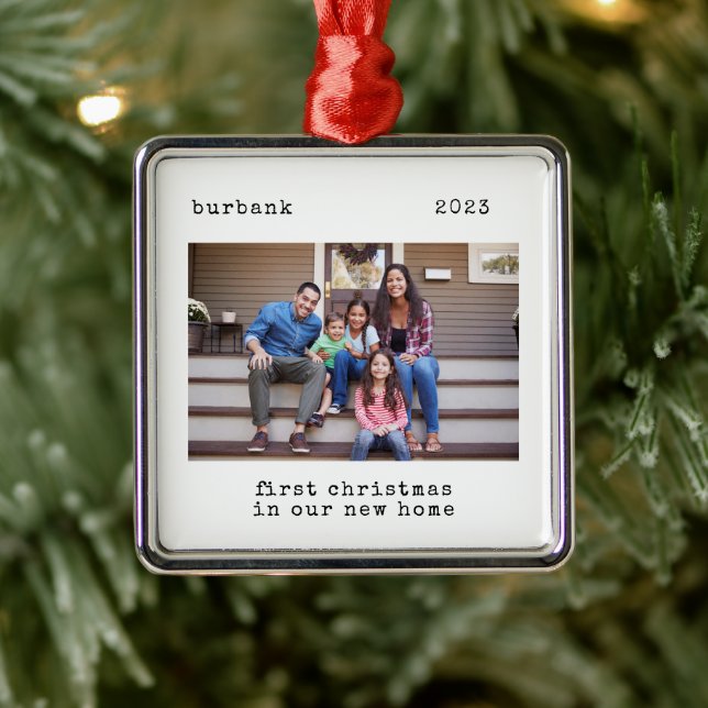 Minimal First Christmas In Our New Home Photo Metal Ornament (Tree)