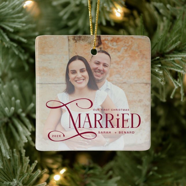 Minimal First Christmas Married Couples 2 Photos Ceramic Ornament (Tree)
