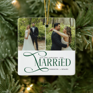 Minimal First Christmas Married Couples 2 Photos Ceramic Ornament
