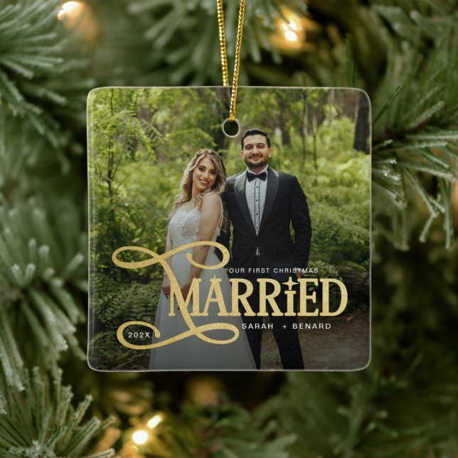 Minimal First Christmas Married Couples 2 Photos Ceramic Ornament (Tree)