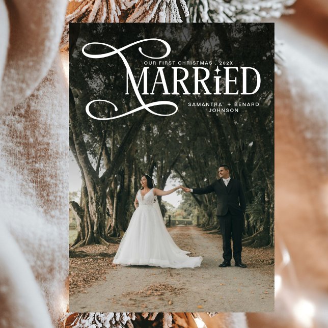 Minimal First Christmas Married Couples 2 Photos Holiday Card (Creator Uploaded)