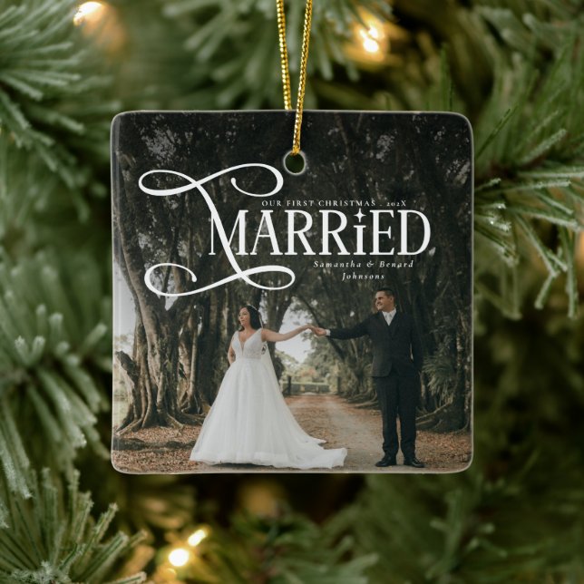 Minimal First Christmas Married Couples Photo  Ceramic Ornament (Tree)
