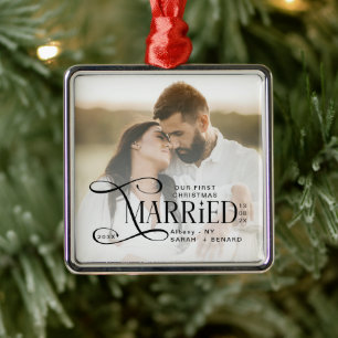 Minimal First Christmas Married Couples Photo Metal Ornament
