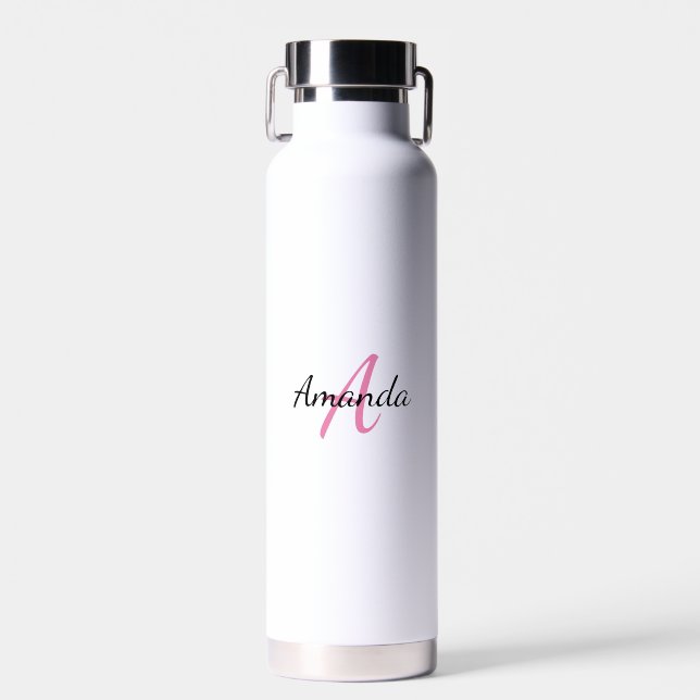Minimal First Name + Initial Monogram Pink Water Bottle (Front)