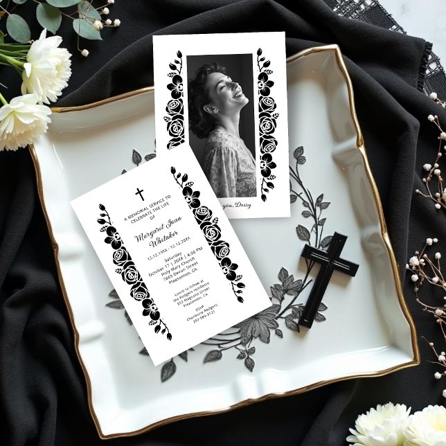 Minimal Floral Back & White Garland Photo Funeral Invitation (Exquisite Minimalist Floral Back & White Floral Garlands Funeral Invitation Cards with Back Photo.)