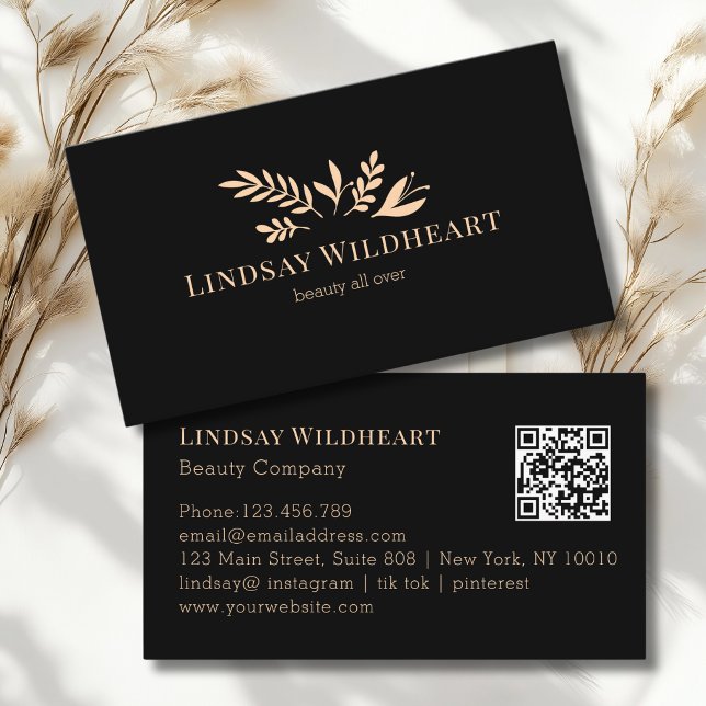 Minimal Floral Black Botanical Beauty QR Code Business Card (Minimal Floral Black Botanical Beauty QR Code Business Card)