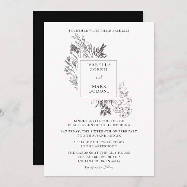 Minimal Floral Black & White Wedding Invitation (Front/Back)
