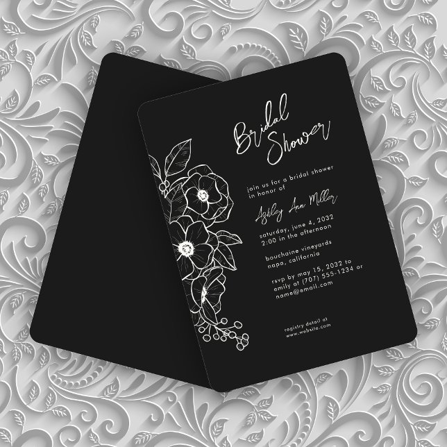 Minimal Floral Botanical Black Noir Bridal Shower Invitation (Creator Uploaded)