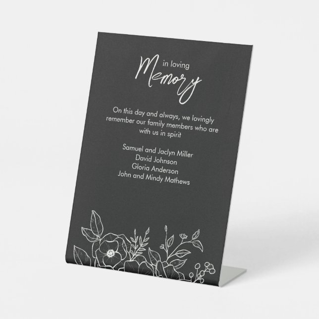 Minimal Floral Botanical Black Noir In Memoriam Pedestal Sign (Front)