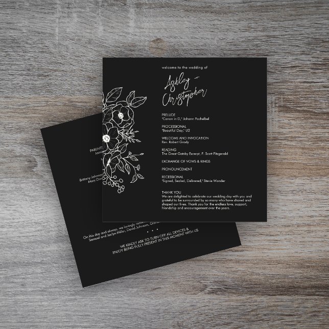 Minimal Floral Botanical Black Noir Wedding Program (Creator Uploaded)