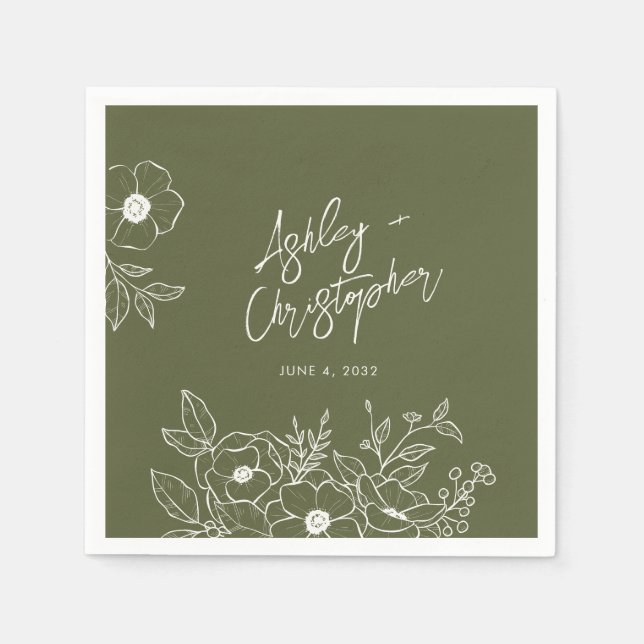 Minimal Floral Botanical Blue Wedding Cocktail Napkin (Front)