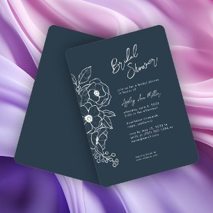 Minimal Floral Botanical Navy Blue Bridal Shower Invitation