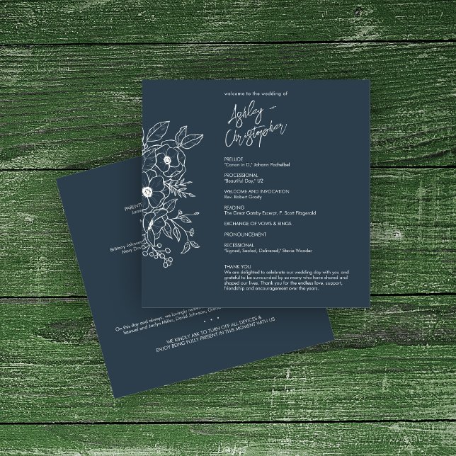 Minimal Floral Botanical Navy Blue Wedding Program (Creator Uploaded)