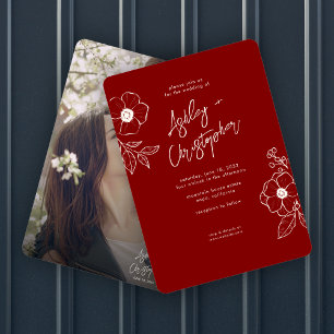 Minimal Floral Botanical Ruby Red Photo Wedding Invitation