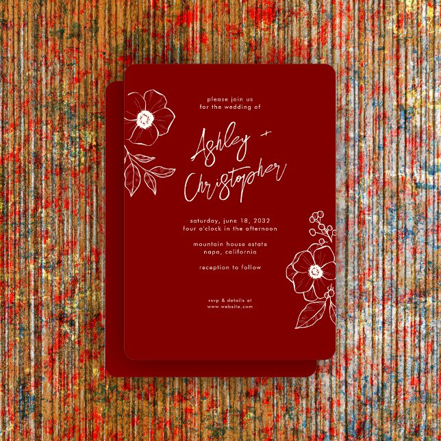 Minimal Floral Botanical Ruby Red Wedding Invitation (Creator Uploaded)