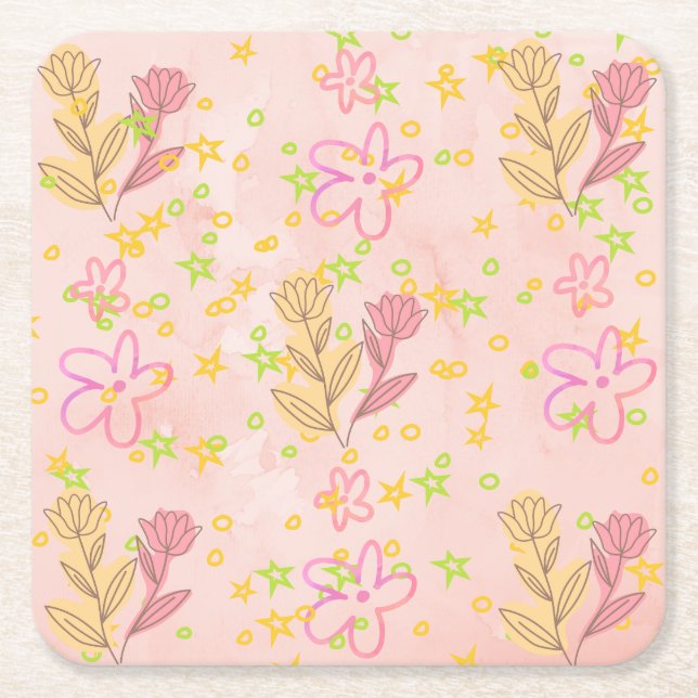 Minimal floral doodle pattern -pastel colour art  square paper coaster (Front)